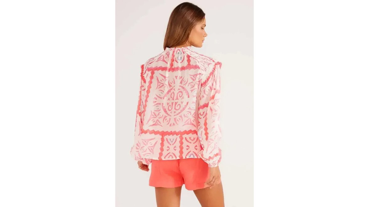 Desert Flower Vintage Print Smocked Poet Collar Blouse | Femstylo