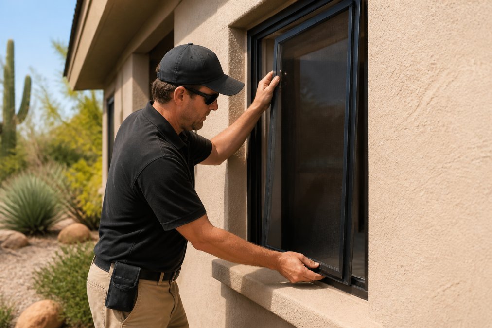 Professional installer measuring and carefully fitting a custom solar screen frame to a residential window opening, demonstrating precision alignment and fastening techniques