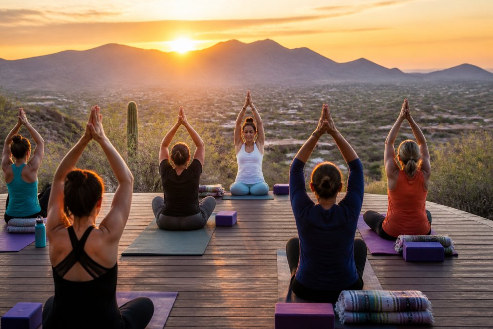 A serene outdoor yoga platform overlooking a vast desert landscape at sunrise, with a few participants in peaceful poses and a mountain range visible in the distance