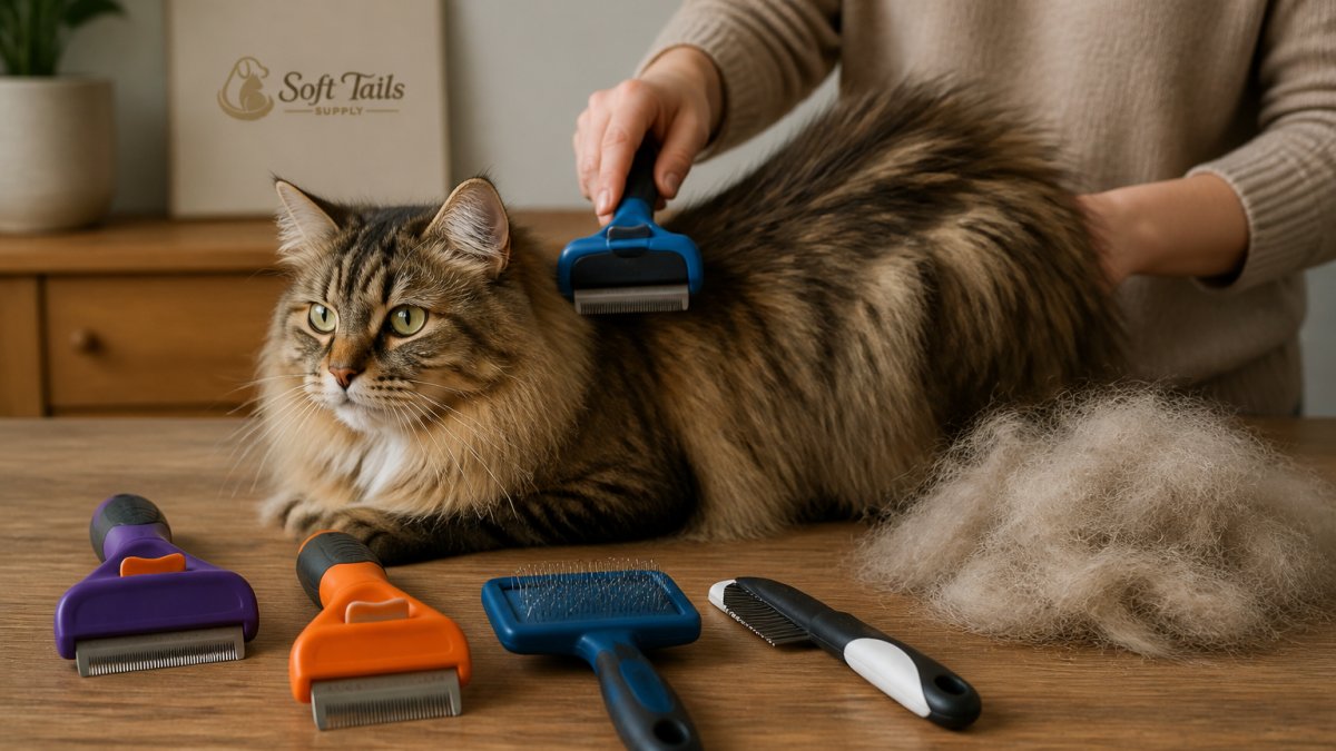 A calm long-haired cat sitting on a wooden table while a person gently runs a deshedding brush along its back, with a small pile of collected loose fur beside them