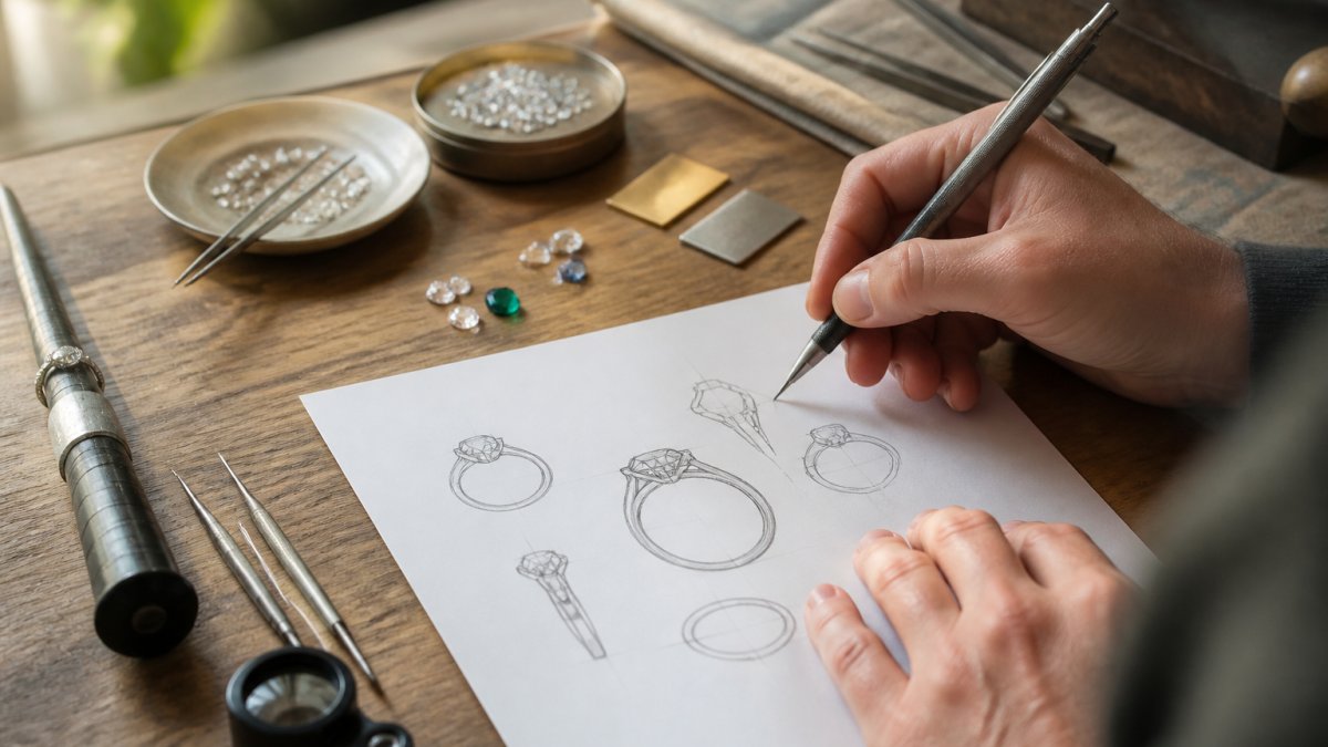 Jeweler's hands sketching custom ring designs on paper with loose gemstones, metal swatches, and design tools arranged on a wooden workbench with natural light