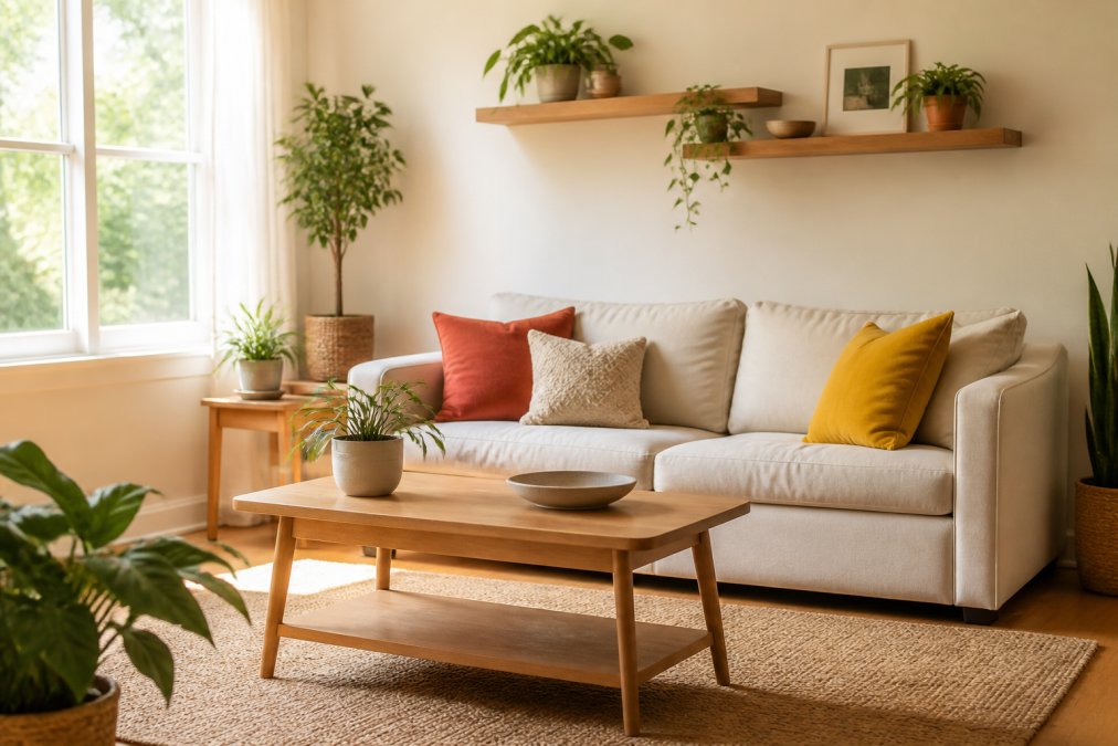 A bright, airy living room with warm natural light streaming through large windows, a neutral linen sofa with colorful accent pillows, a few green plants on wooden shelves, and clean surfaces with minimal decor