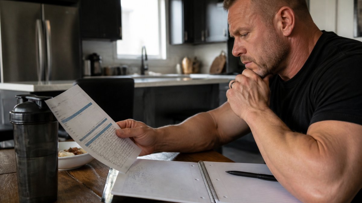 Person reviewing bloodwork results and health markers on a kitchen table with a notebook and pen, natural morning light