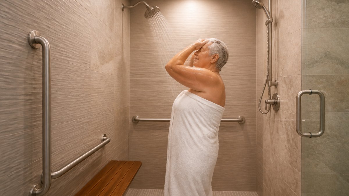 Modern accessible walk-in shower with polished stainless steel grab bars mounted on textured tile walls, non-slip flooring with subtle linear pattern, a teak built-in bench seat, handheld showerhead on adjustable rail, and warm recessed lighting illuminating an older adult safely rinsing their hair