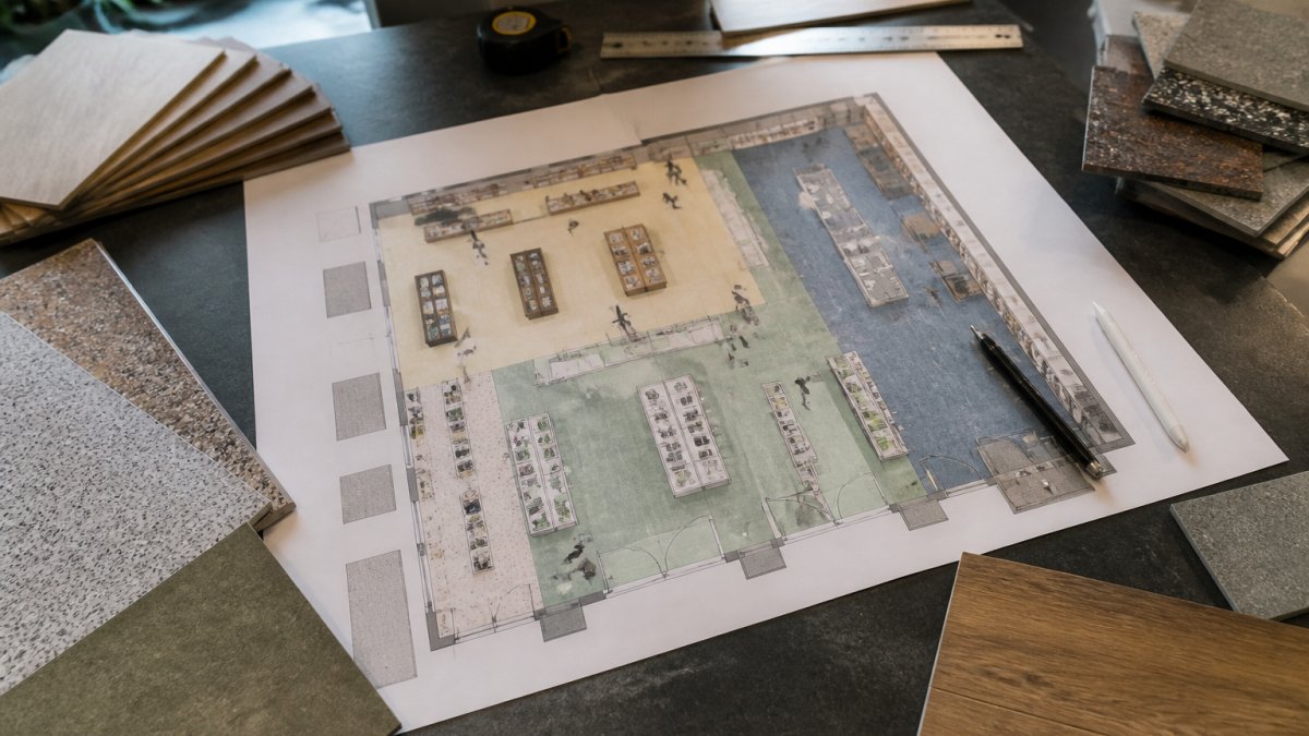 Design af butiksgulve med visuel profilering 2 Moderne butik set fra oven med synlige gulvzoner i forskellige farver der guider kundestrømmen fra indgang gennem produktområder til kassazone, naturlig belysning fra vinduer