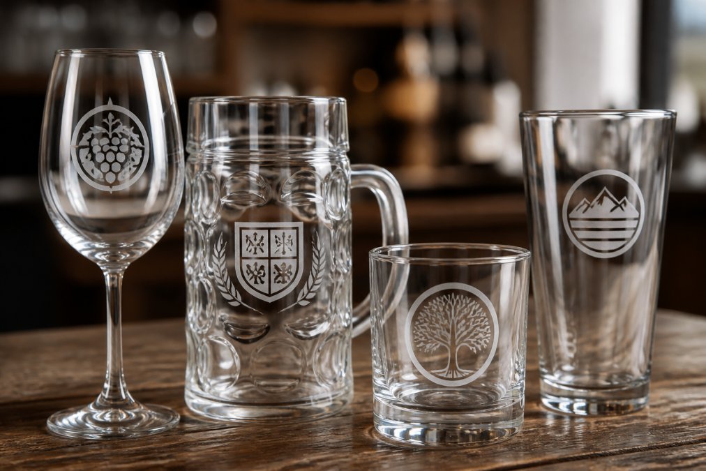 Close-up of various branded glassware types (wine glass with logo on bowl, beer stein with logo on body, tumbler with logo on front, pint glass with logo positioned below rim) showing different logo placements and positioning angles on curved surfaces