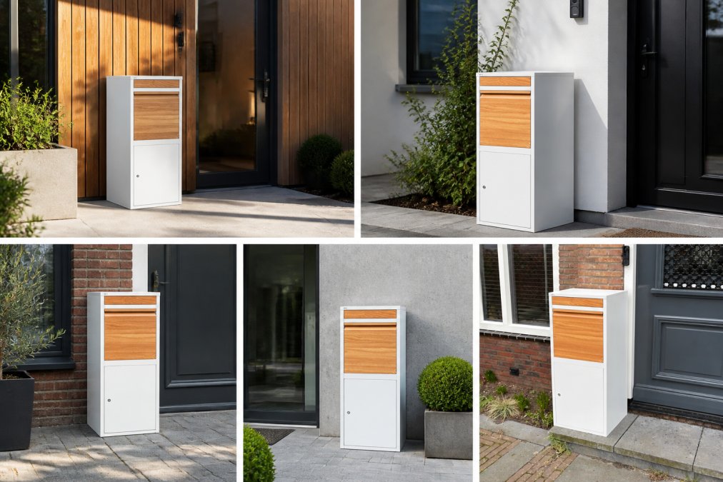 Close-up van een moderne stalen pakketbrievenbus met antraciet poedercoating op een eigentijdse gevel, met natuurlijke daglicht en schaduw