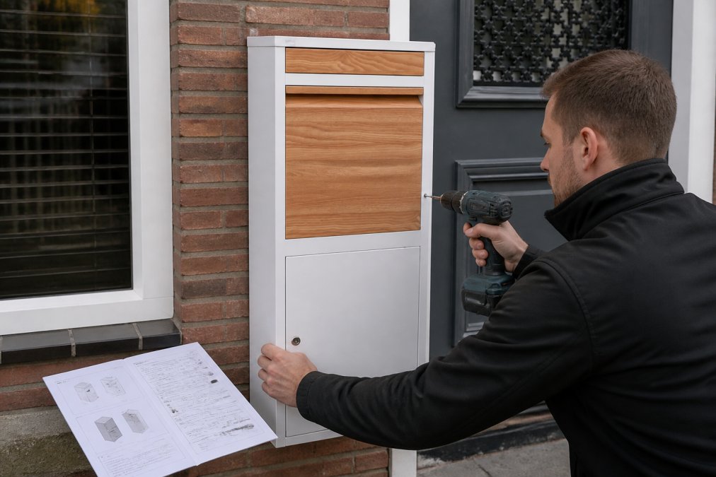 Handen die een brievenbus aan een muur bevestigen met gereedschap, met montagehandleiding zichtbaar in beeld