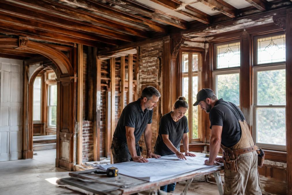 Interior of a historic home renovation in progress showing exposed original wood beams and architectural details, with construction team members collaborating over blueprints on a work table, natural light from tall windows