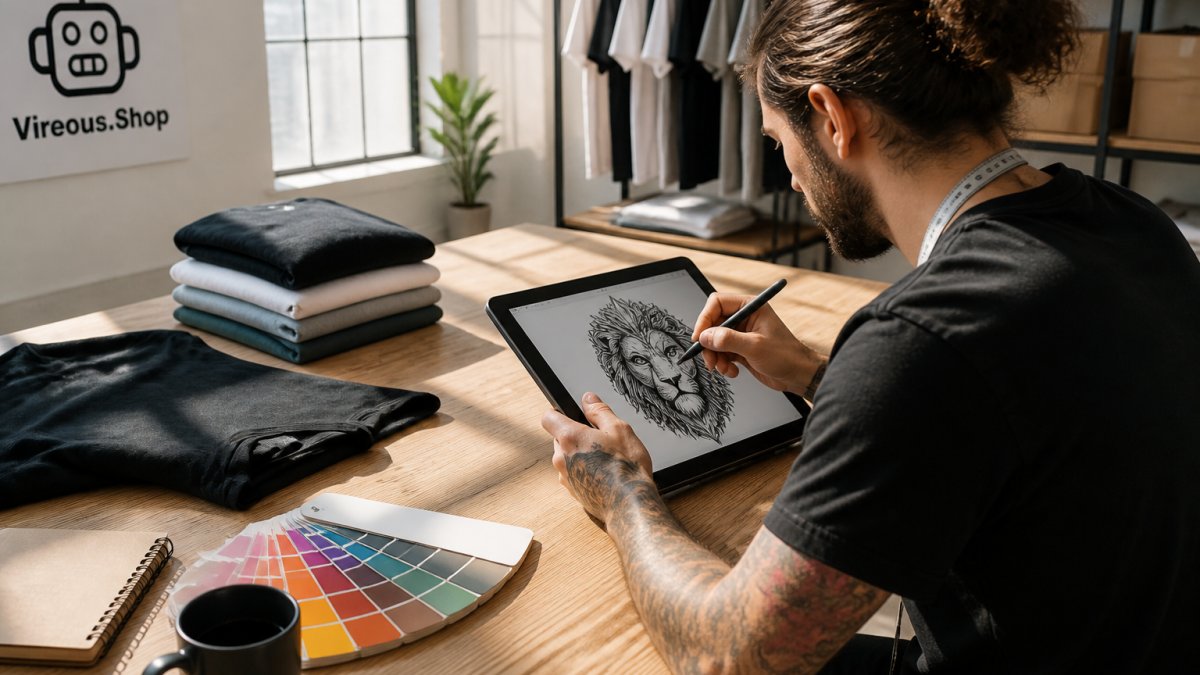 Designer's hands working on tablet using online custom shirt design tool with AI-generated artwork displayed on screen in bright creative workspace