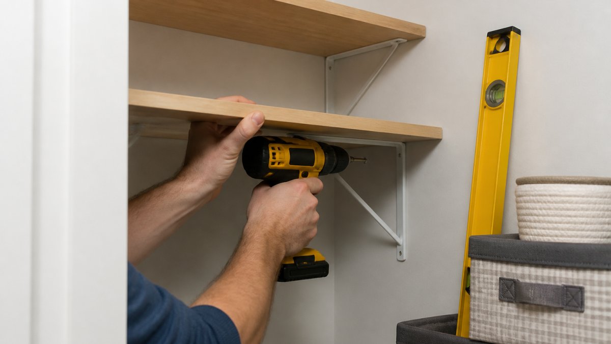 Close-up of hands installing wooden shelves in a small closet, showing a drill driving a screw into a wall bracket, with a level visible nearby and organized storage bins stacked below