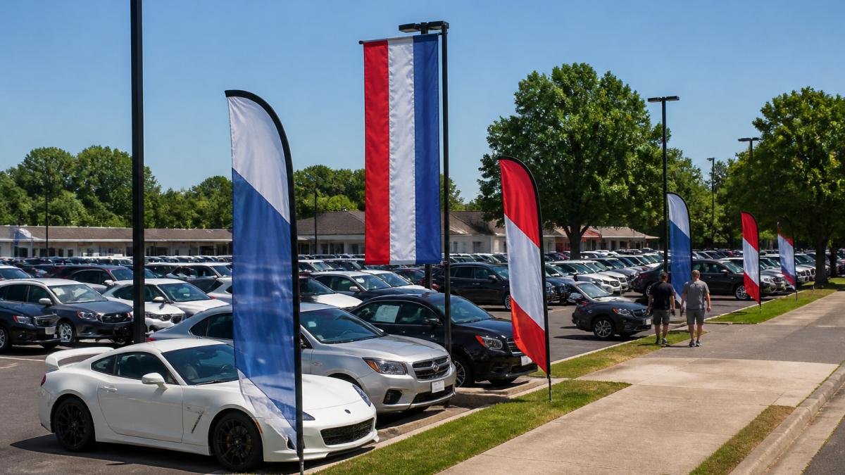 Car dealership lot featuring custom flags car sales positioned for maximum street visibility and foot traffic