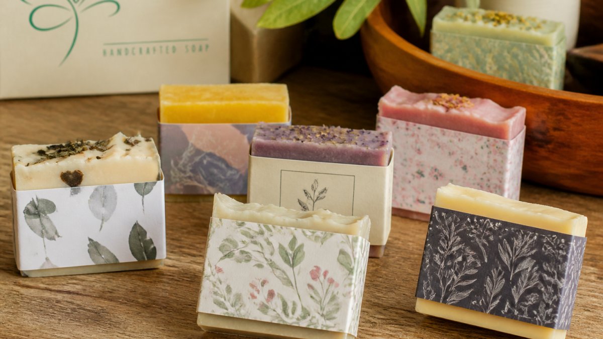 Design process diagram showing various botanical soap label styles on a wooden surface