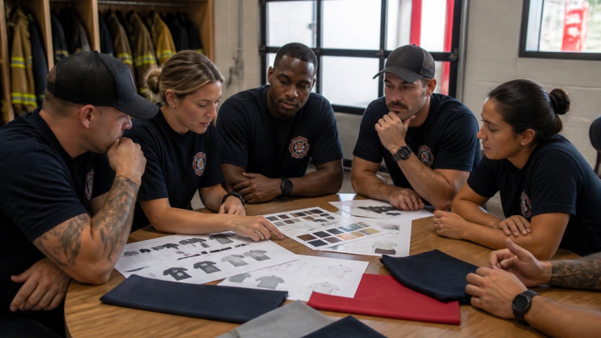 A diverse crew of firefighters gathered around a table reviewing design sketches and color swatches, discussing custom apparel ideas together in a firehouse meeting room with natural light