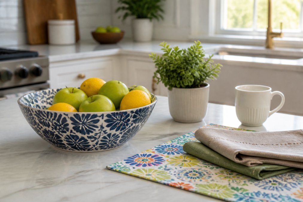 A modern ceramic design fruit bowl filled with lemons and green apples on a sunny kitchen countertop