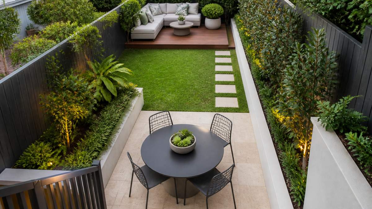 Elevated view of a small backyard showing distinct zones with compact patio seating area, narrow garden beds with green plantings along edges, and a lounge corner defined by subtle landscaping, natural afternoon light