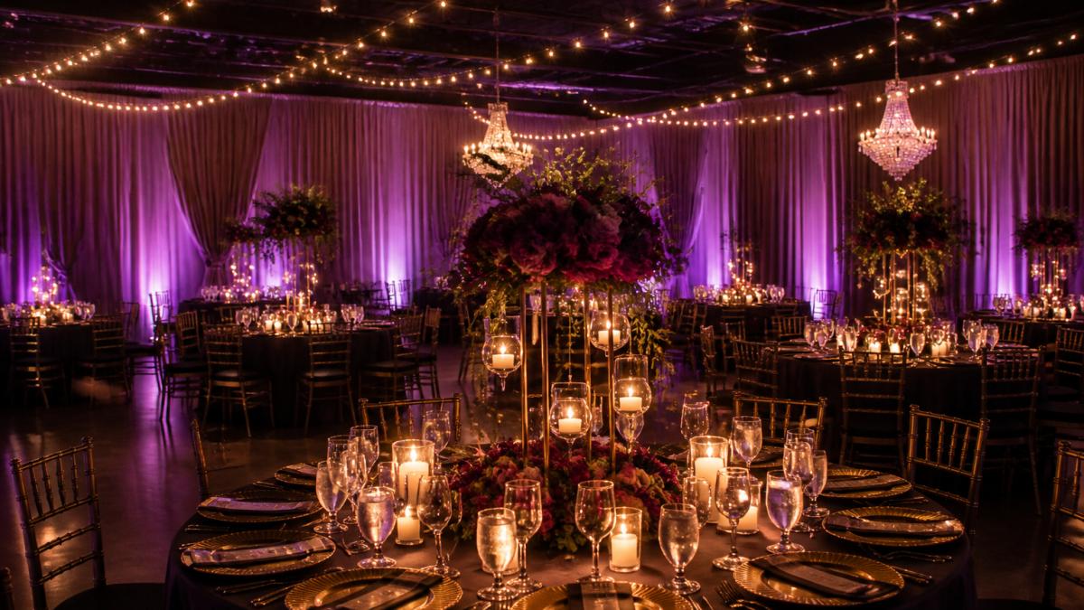 Elegant reception featuring luxury wedding lighting with warm string lights, jewel-toned uplighting, and candles.