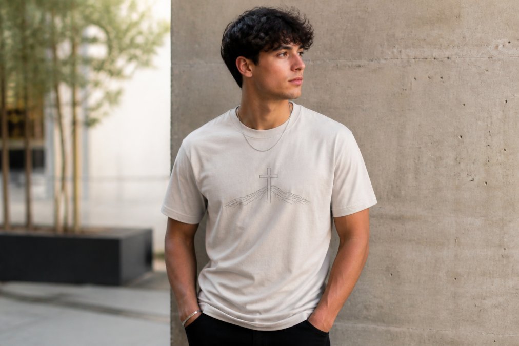 Young adult wearing contemporary faith-inspired graphic tee in neutral tones with minimalist design, styled casually in natural daylight with confident posture