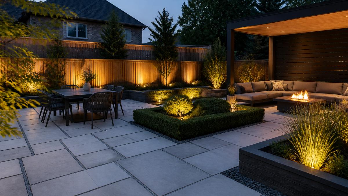 Modern backyard patio with geometric stone pavers, contemporary furniture arrangement, defined zones with hedges, and professional landscape lighting at dusk