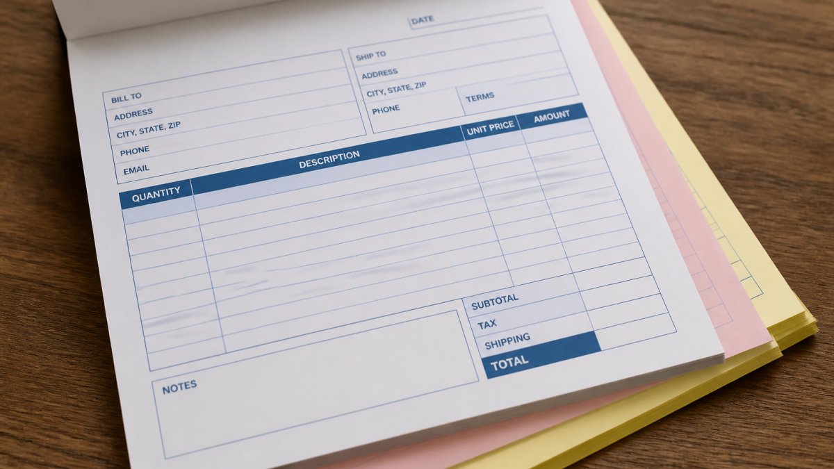 Close-up of a printed multi-part carbonless invoice form showing clear sections for customer details, line items, and business records with multiple colored copy sheets visible