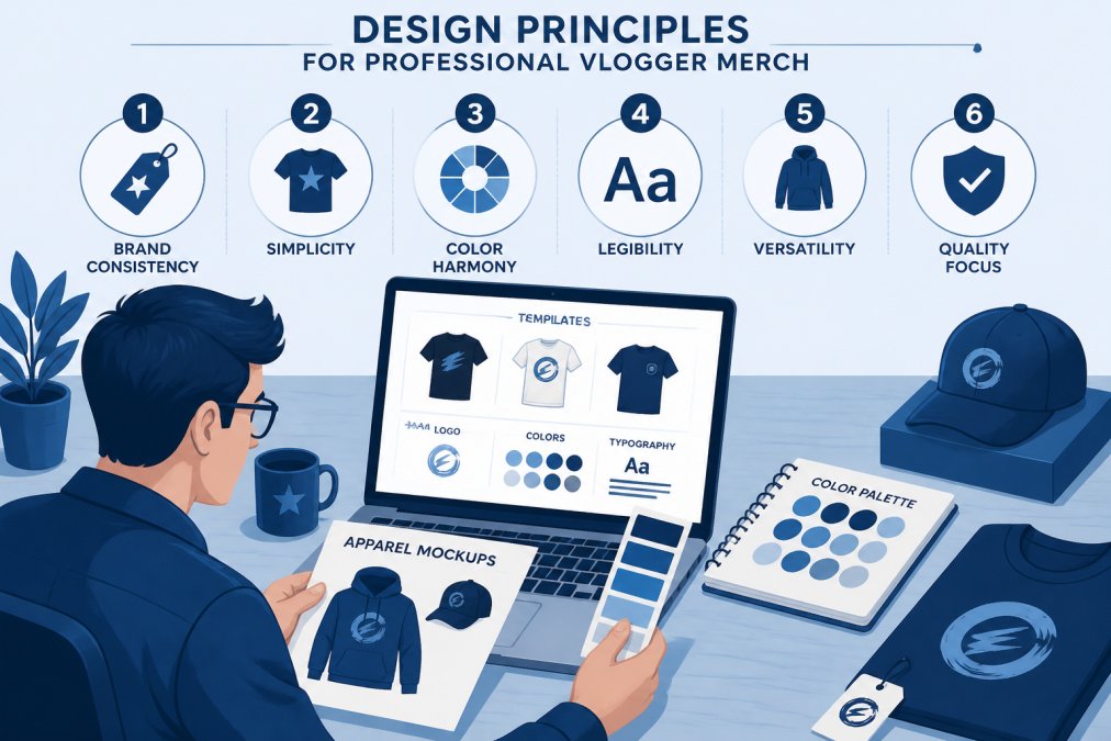 Professional designer reviewing apparel mockups and color swatches on a desk with laptop showing design templates and brand guidelines
