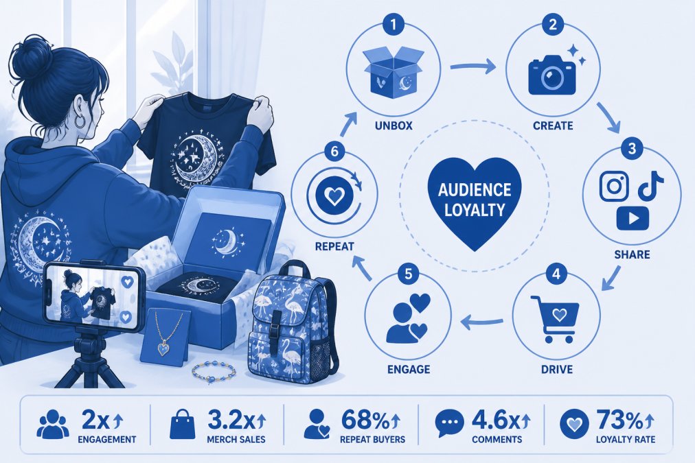 Content creator unboxing and photographing branded merchandise for social media, showing custom apparel and packaging against natural window lighting