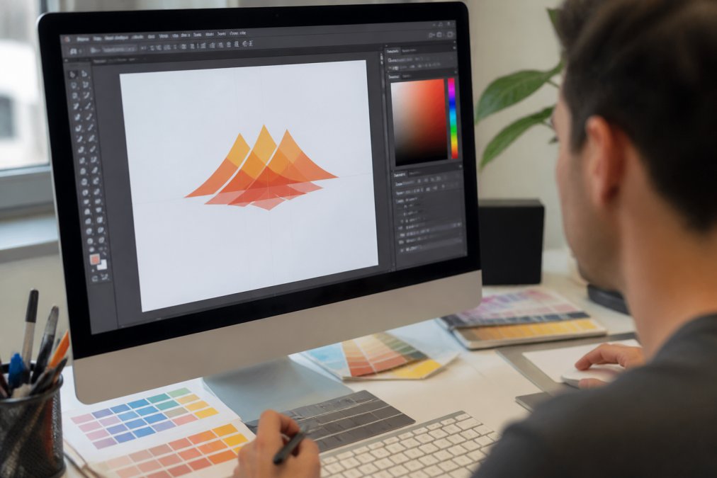 Professional designer's hands working on a computer screen showing vector graphics with color swatches, design tools, and design software interface visible