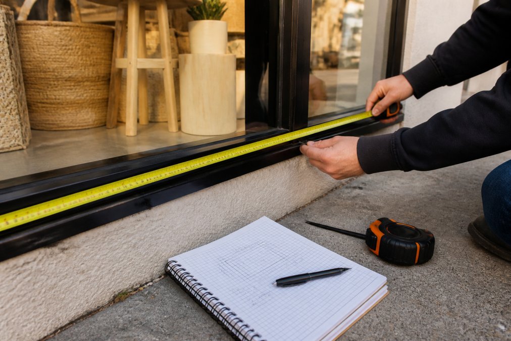 Close-up of a retail storefront window with a measuring tape stretched across the frame and a notepad with measurements and notes about obstructions like door frames and existing fixtures