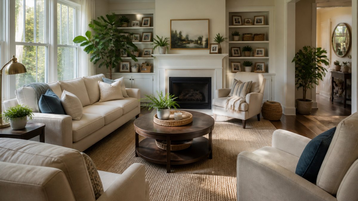 Warm living room with conversational seating, natural light, and plants arranged for comfort and flow.