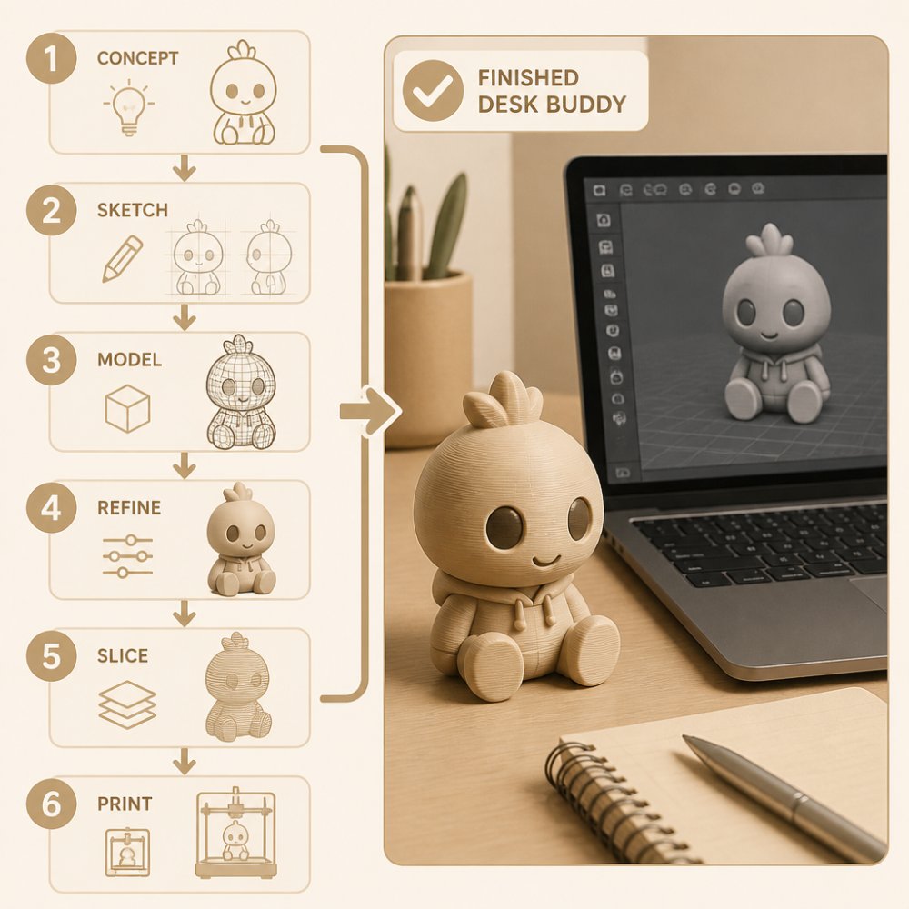 Close-up view of a finished 3D printed desk buddy character sitting on a workspace desk next to a laptop displaying 3D design software, showing the completed result of the design process