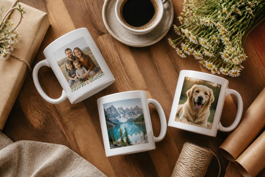 Styled flat lay of three ceramic mugs with different personalized designs, one featuring a family photo with names, another showing a travel destination with date, and a third displaying a pet photo, surrounded by fresh coffee, wildflowers, and kraft gift wrap on a warm wooden surface with natural window lighting