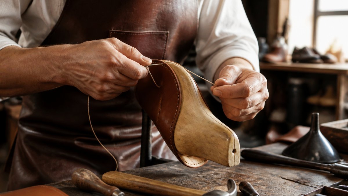 Close-up of a craftsman's hands stitching a leather shoe upper on a wooden shoe last in a well-lit workshop, with traditional shoemaking tools like an awl and hammer visible on the workbench