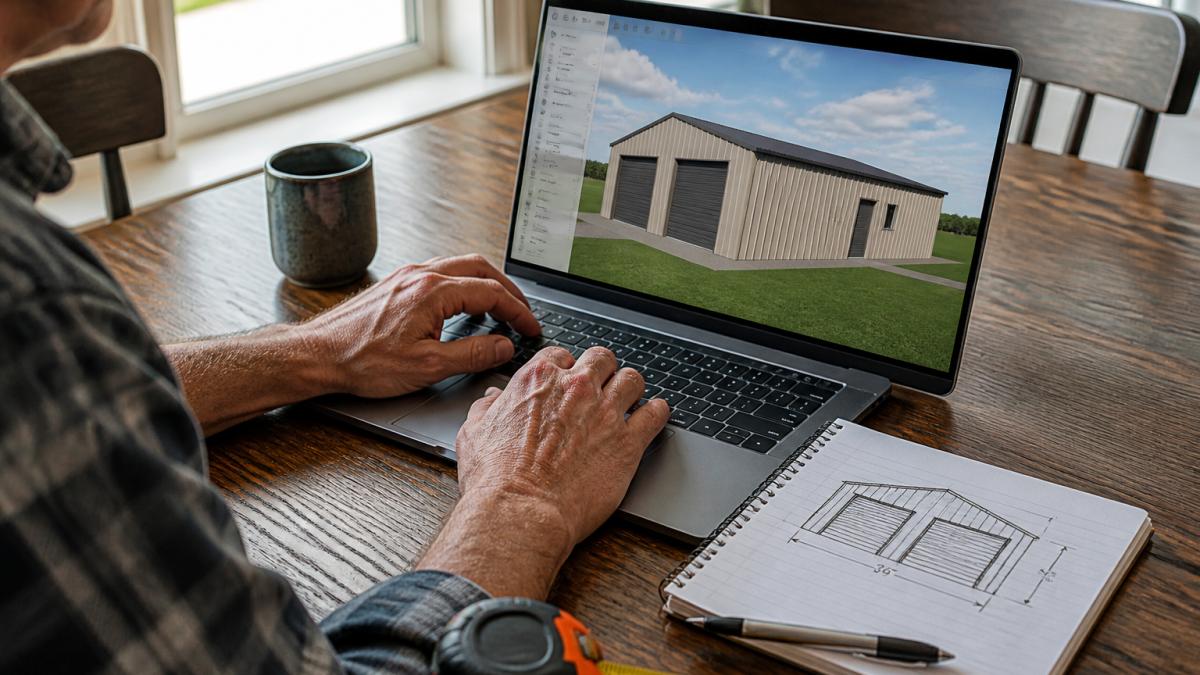 A homeowner sitting at a kitchen table with a laptop open to a 3D metal building configurator, a notepad with hand-drawn dimensions and a measuring tape beside the keyboard, natural window light