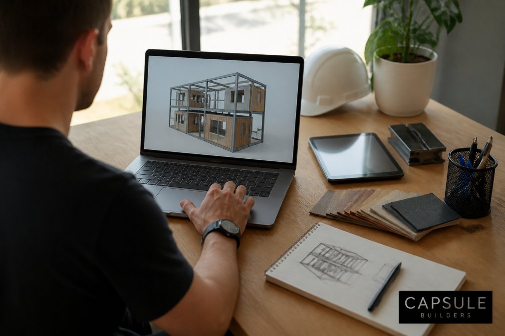 Professional sitting at laptop with tablet nearby, viewing interactive 3D modular home design interface with steel-framed modules displayed on screen, natural daylight from window