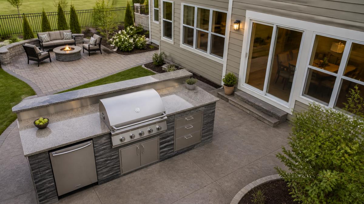 Overhead outdoor kitchen layout with grill, refrigerator and counter zones beside a patio seating area