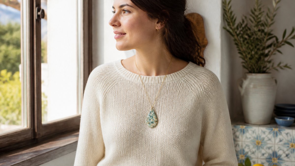 A woman in her late 20s wearing a handcrafted polymer clay teardrop necklace over a cream knit sweater, standing near a sunlit window with soft Mediterranean-inspired decor in the background