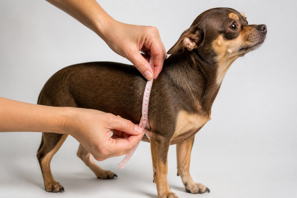 Close-up of hands holding a soft measuring tape around a small dog's chest while the dog stands calmly on a white background, showing proper measurement technique with the tape sitting snug but not tight