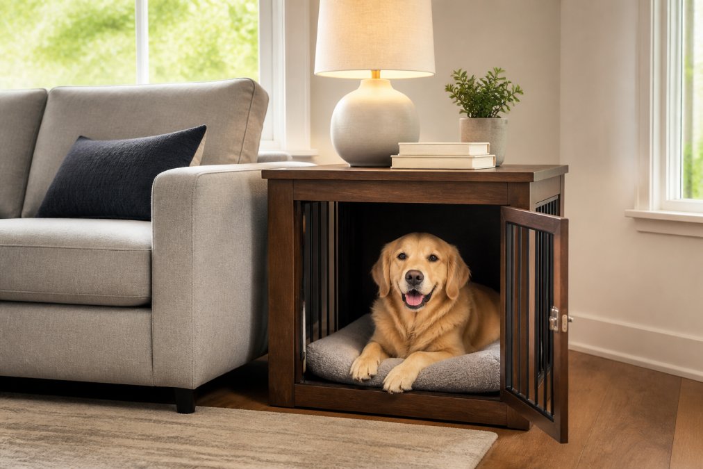 A sleek wooden dog crate end table with a lamp and books on top, placed next to a modern sofa in a bright living room, with a golden retriever resting comfortably inside