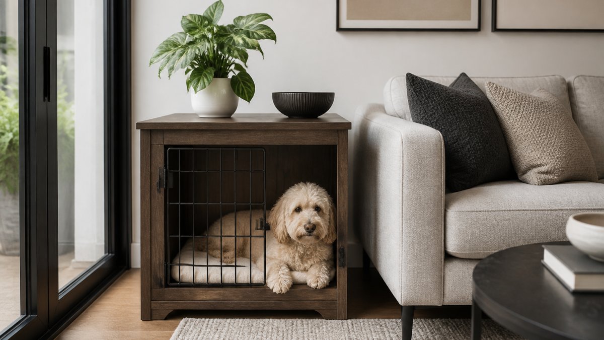 Infographic comparing contemporary and artisanal styles for furniture-integrated dog enclosures