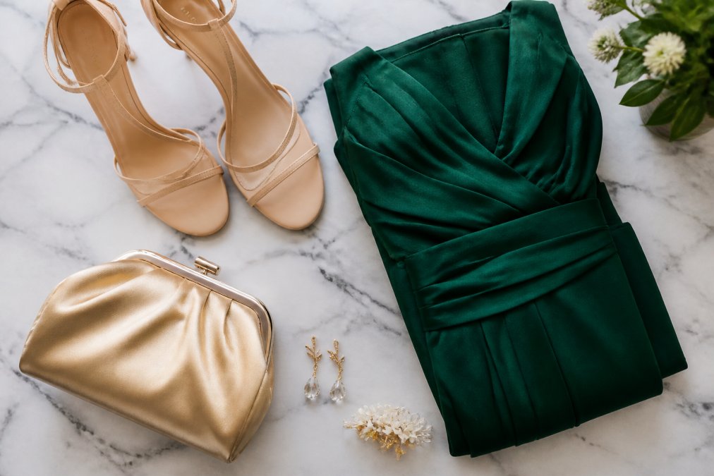 Flat lay of accessories including strappy nude heels, a gold satin clutch, delicate drop earrings, and a small floral hair clip arranged beside a folded emerald green evening gown on a white marble surface