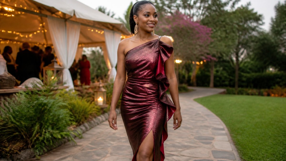 Woman wearing an elegant burgundy metallic designer dress at a formal evening event, showcasing refined craftsmanship and statement silhouette under warm lighting