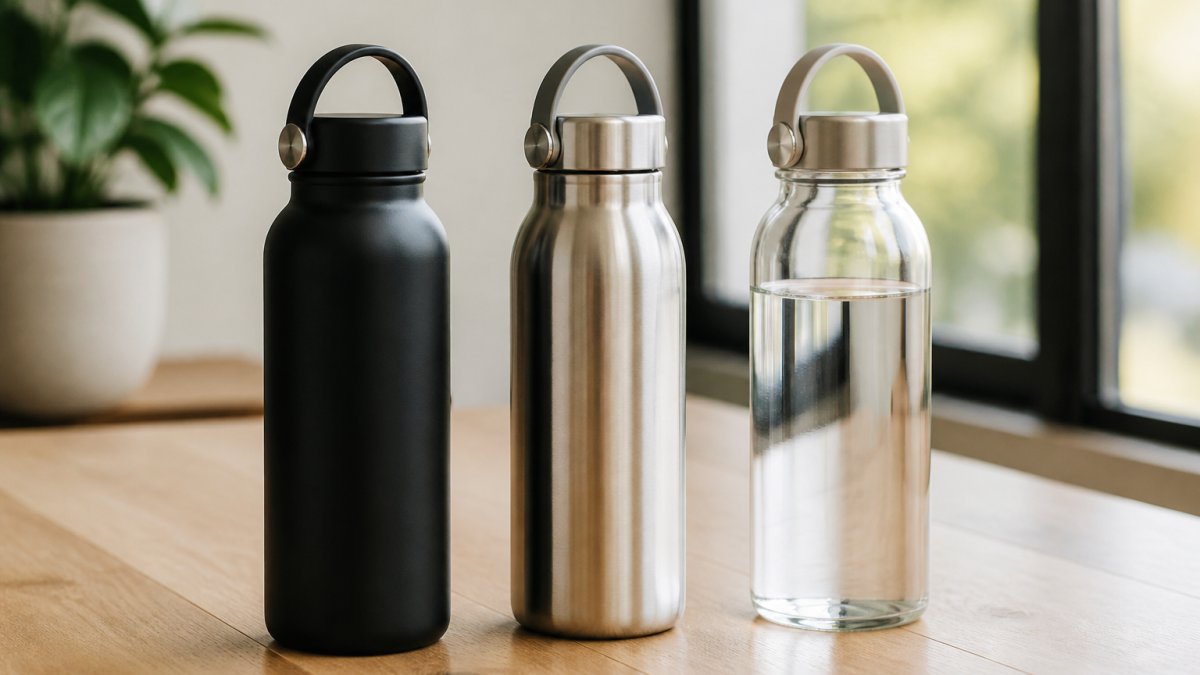 Three designer water bottles in different finishes, matte black, brushed stainless steel, and translucent glass, arranged on a light wood table with soft natural window light