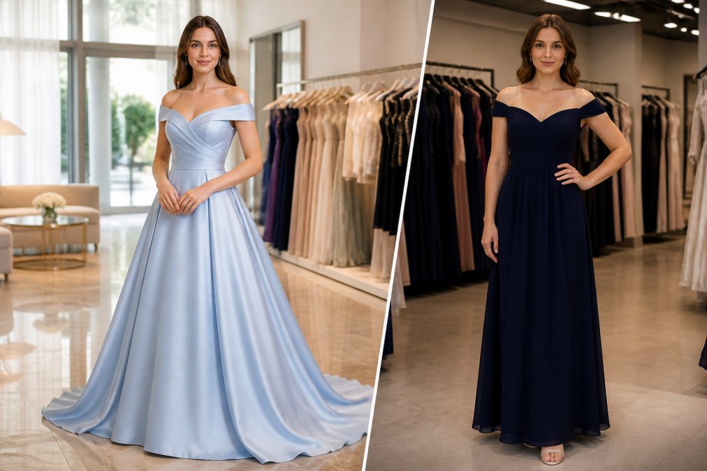 A woman in an elegant off-shoulder sky blue evening gown standing in a bright, modern boutique setting, soft natural light across the fabric, looking confidently toward the camera