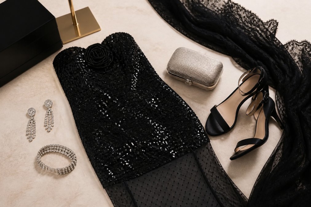 Close-up detail of formal styling accessories including statement jewellery, metallic clutch, black heels, and delicate beaded details arranged beside draped formal gown fabric in soft studio lighting