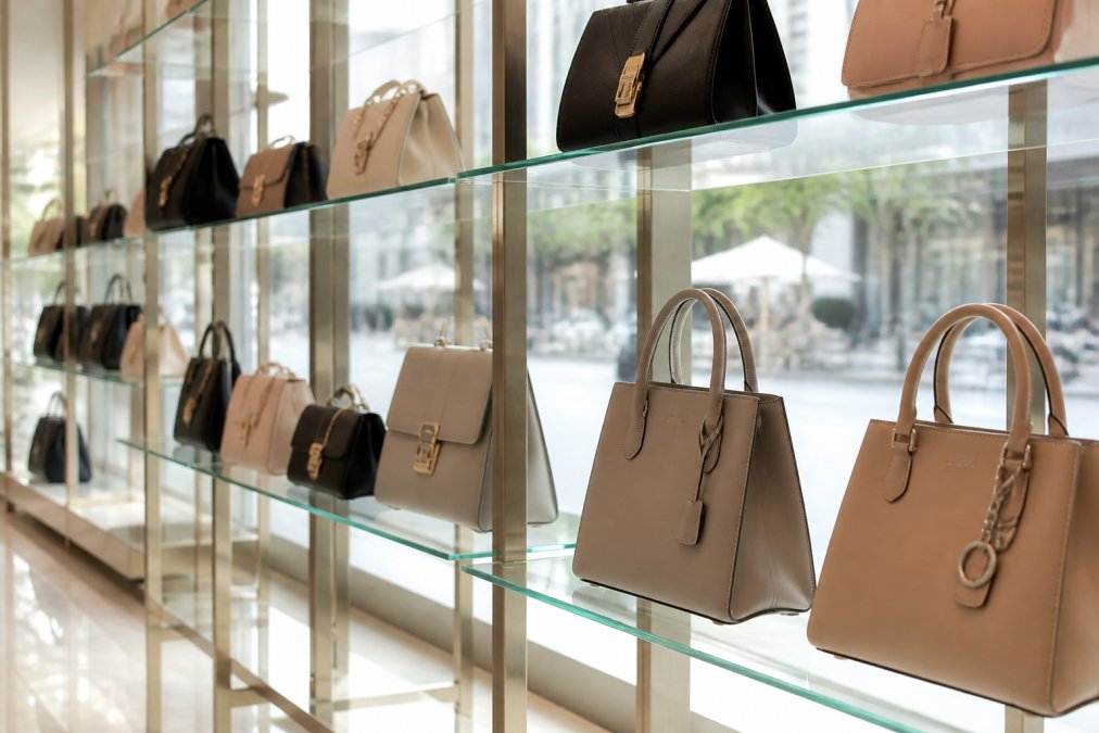 Luxury handbags displayed on glass shelves in a high-end boutique setting with soft natural lighting from large windows