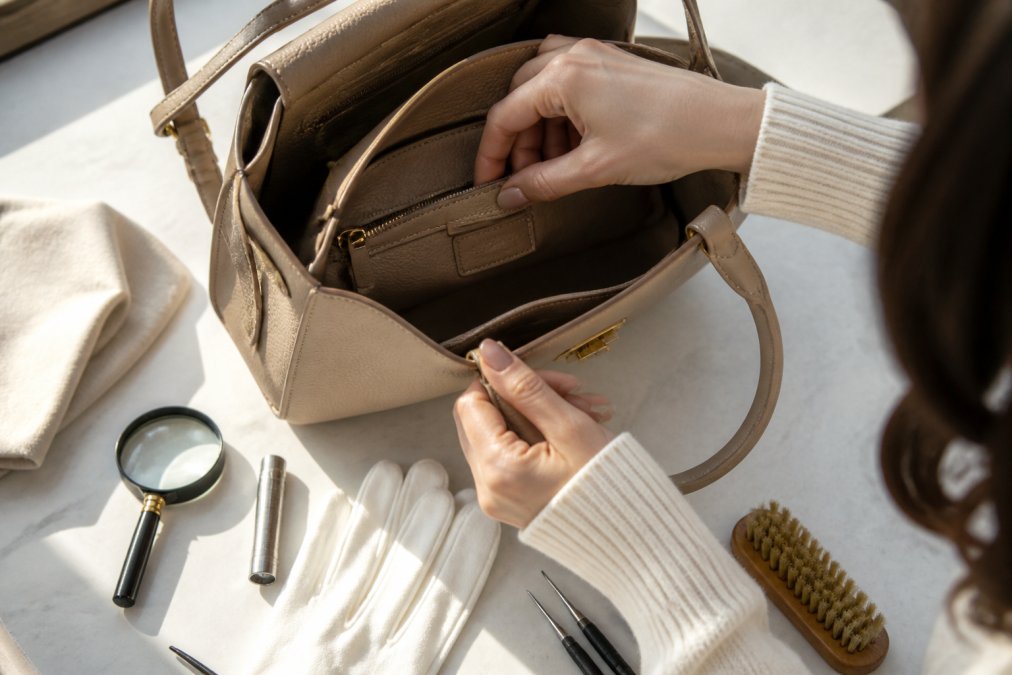 Hands carefully examining the interior of a luxury handbag, inspecting the label, stitching, and leather quality on a clean white surface with natural sunlight