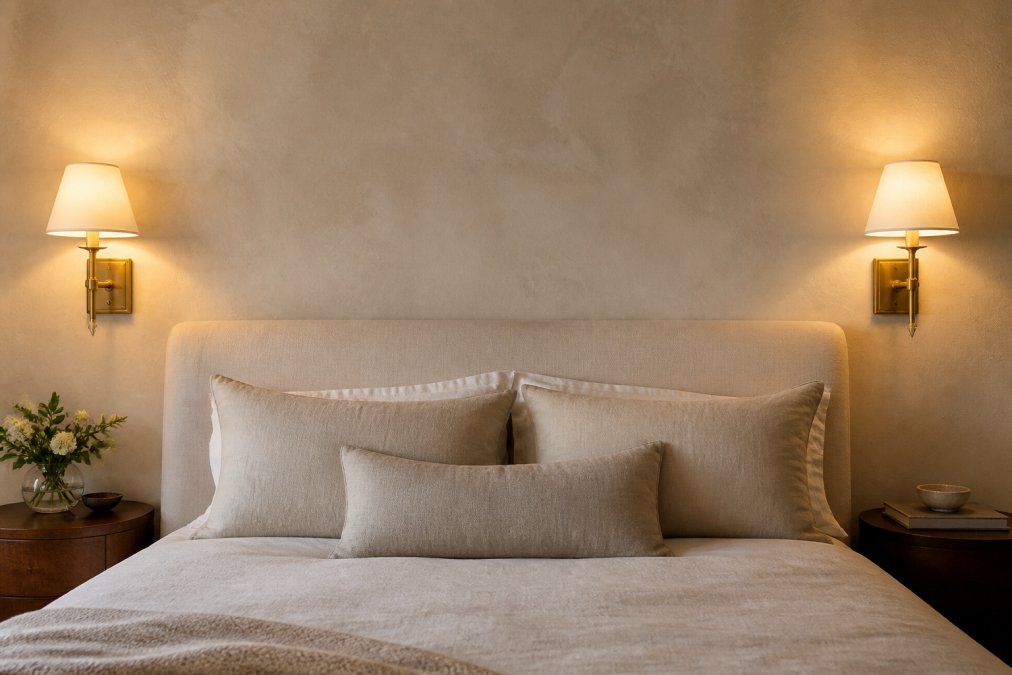 A pair of antique brass wall sconces with cream linen shades mounted symmetrically on a warm-toned plaster wall in a refined residential bedroom, soft warm white light glowing from each fixture against neutral linen bedding