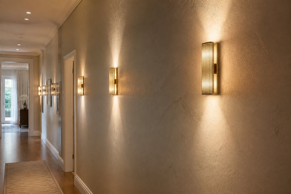 Wide shot of a luxury residential hallway with evenly spaced decorative wall sconces casting warm pools of light along a textured plaster wall, polished timber floor, neutral palette, soft warm white illumination