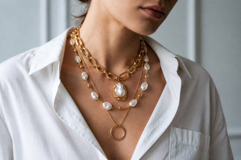 Woman wearing multiple layered statement necklaces in varying lengths and metals, photographed from shoulders up with natural daylight highlighting the different chain textures and pearl details against neutral background