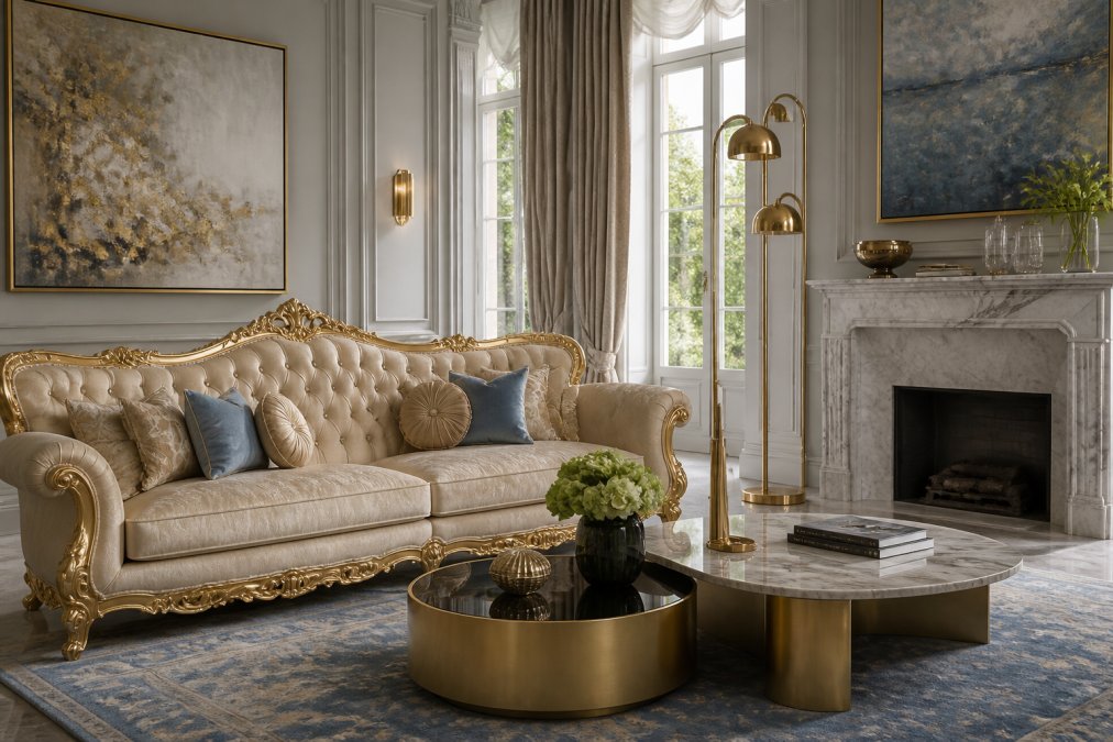 Eleganter Villensalon mit klassischem Barocksofa in Creme und Gold, modernen Designerleuchten in Messing, Marmorkamin mit natürlichem Licht, harmonische Farbkomposition in Warm- und Kühltönen
